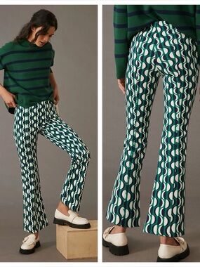 Anthropologie Maeve The Margot Cropped Kick Flare Pant Navy/Green/White Print